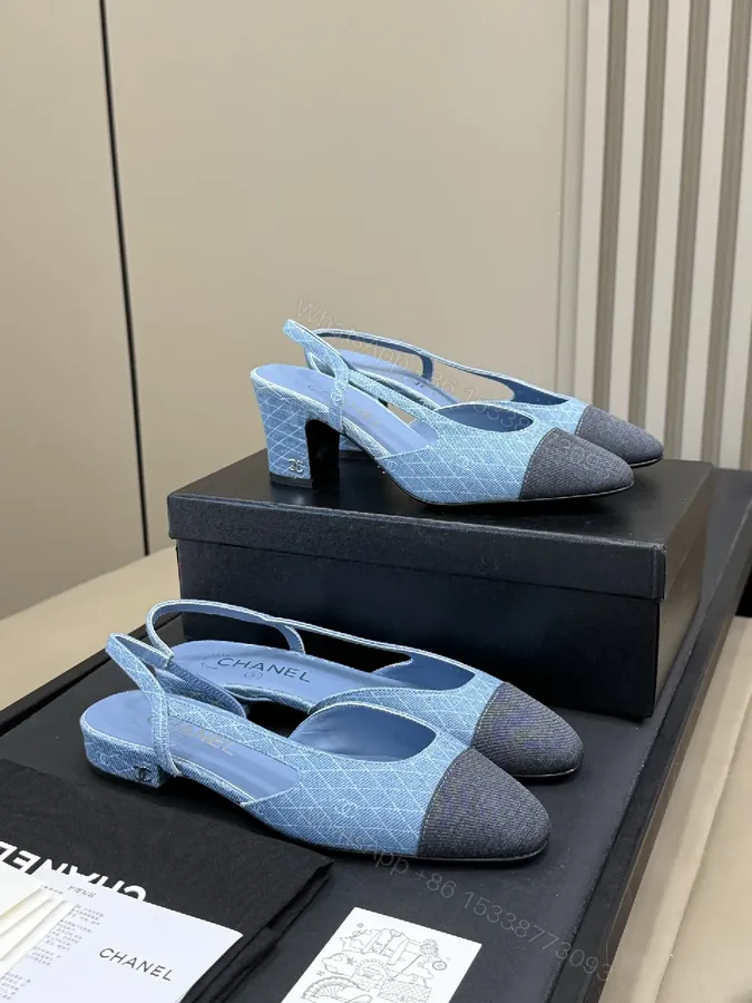 View 1 of Denim Slingback Heels: Geometric Stitching, Mid-Block Heel