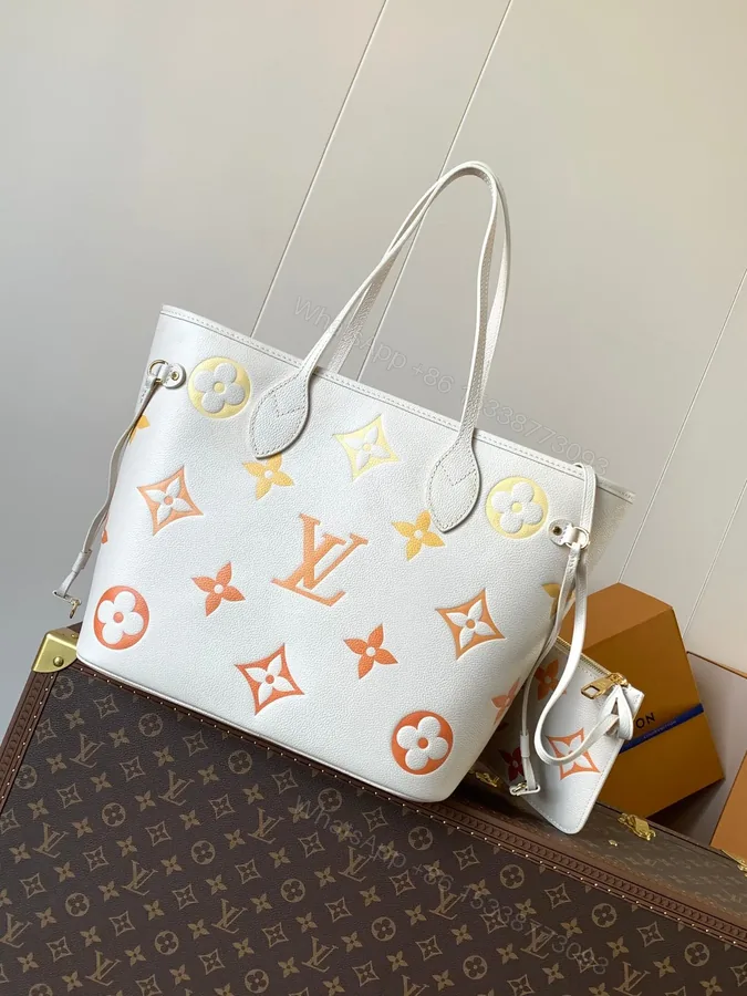 View 1 of LV NEVERFULL MM TOTE BAG 32 IN WHITE MIX ORANGE CALFSKIN