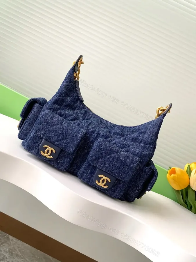 View 1 of Denim-Texture Luxe Shoulder Bag with Gold Hardware