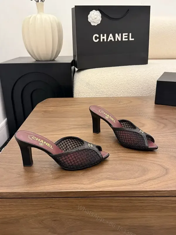 View 1 of Black Mesh Leather Mule Chanel Style Heels