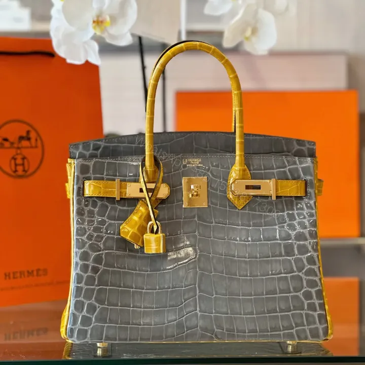 View 1 of HN 30 Gray/Gold Genuine Crocodile Leather Gold Hardware – Custom Made
