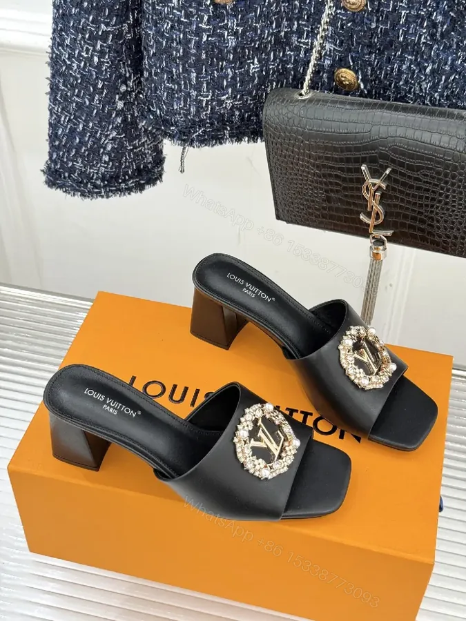 View 1 of Black Leather Slingback Slides — Crystal Emblem, 2" Block Heel