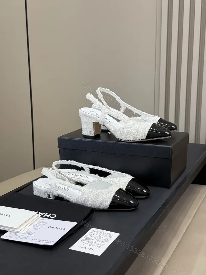 View 1 of White Tweed Patent-Toe Slingback Pumps with Mid-Heel