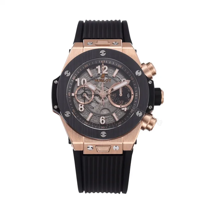 View 1 of Hublot Big Bang Rose Gold Replica 44MM Premium Black Bezel Rubber Strap Edition RG-HUBLOT-BIGBANG-RG-44