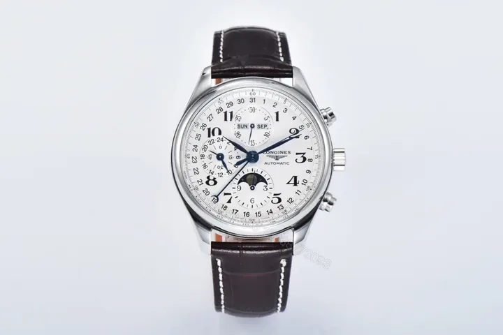 View 1 of Longines Master Collection Moonphase Chronograph Watch Silver Dial Blue Hands Brown Leather Strap 42mm Case