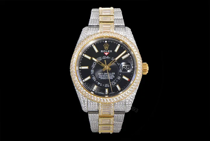 View 1 of Rolex Sky-Dweller Full Diamond Replica 42MM Exclusive Black Dial Two-Tone Bracelet RG-ROLEX-SKYDWELLER-DIAMOND-42