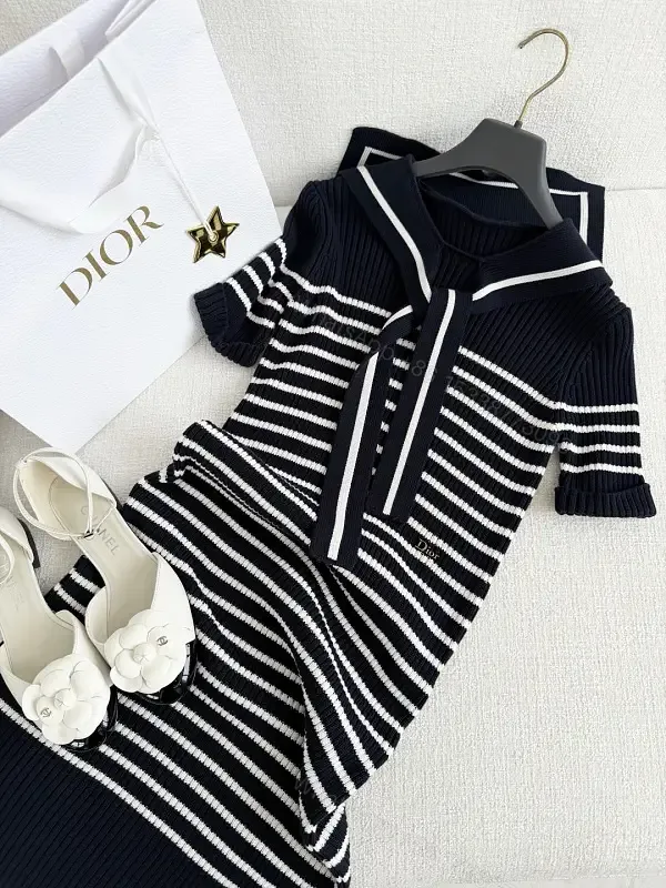 View 1 of Navy White Striped Knit Dress with Bow Tie - Dior-inspired