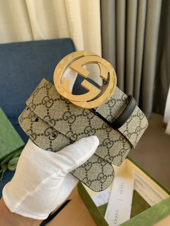 View 1 of GG Supreme Canvas Belt with Bold Gold Buckle - Luxury Designer Style belt
