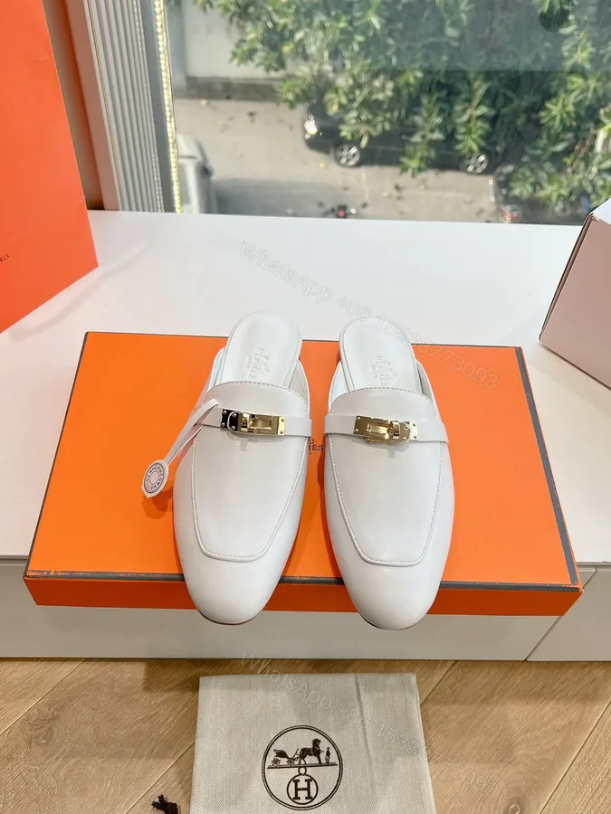 View 1 of Hermes Women White Leather Mules
