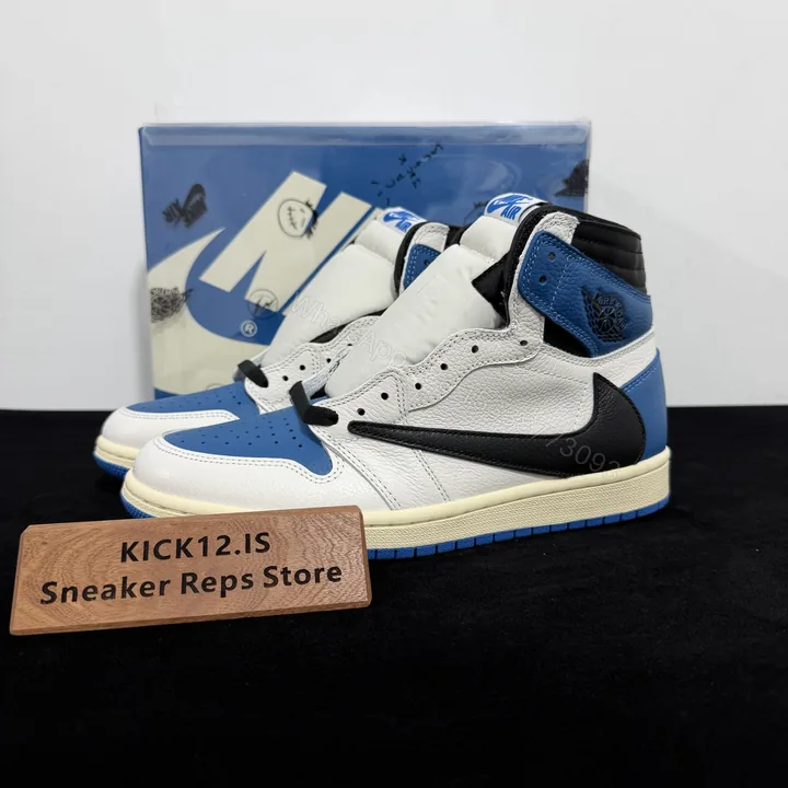 View 1 of Travis Scott × Fragment × Air Jordan 1 High OG TS SP “Military Blue” Reps
