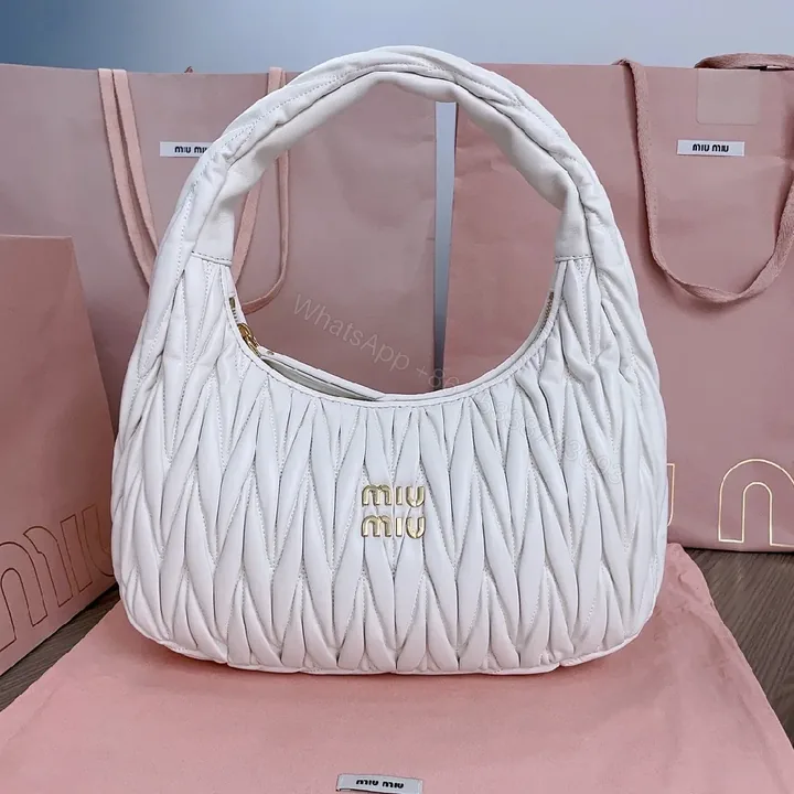 View 1 of Pearl White Quilted Handbag – Soft Gold Logo, Elegant Wave Stitching