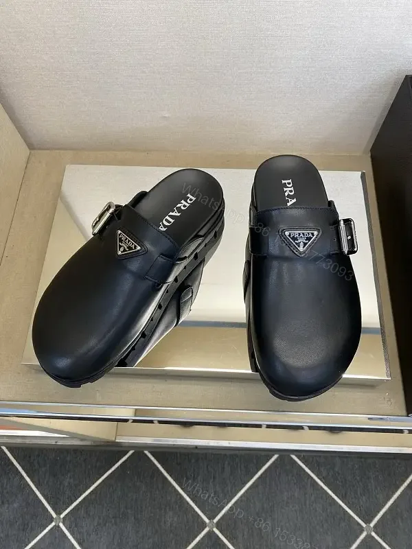 View 1 of Black Leather Slip-ons Mens Prada Style Buckle Sandals