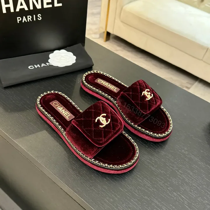 View 1 of Deep Wine Velvet Mules with Gold Chain Trim Slides