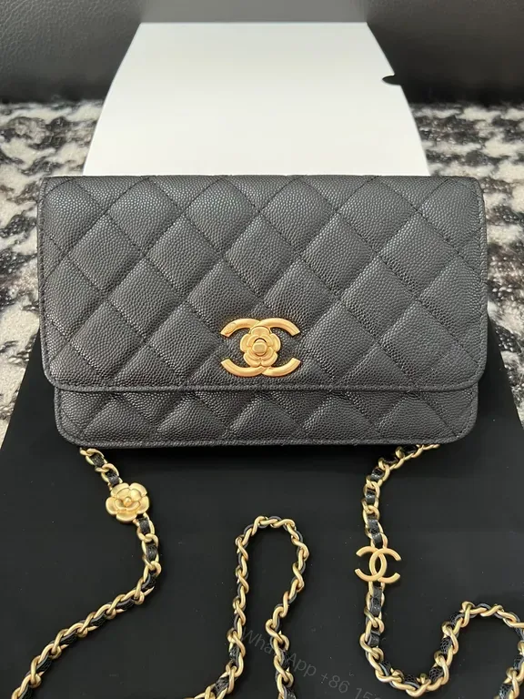 View 1 of Chic Quilted Wallet on Chain: Black Leather, Luxe Gold, CC Logo