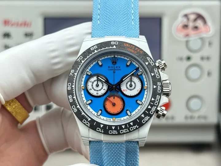 View 1 of Rolex Daytona Carbon Fiber Blue Replica 40MM Premium Black Bezel Blue Fabric Strap R74-BLUE