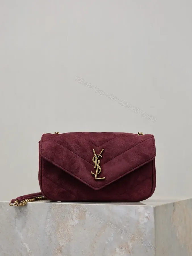 View 1 of Burgundy Suede Crossbody Bag with Gold Hardware