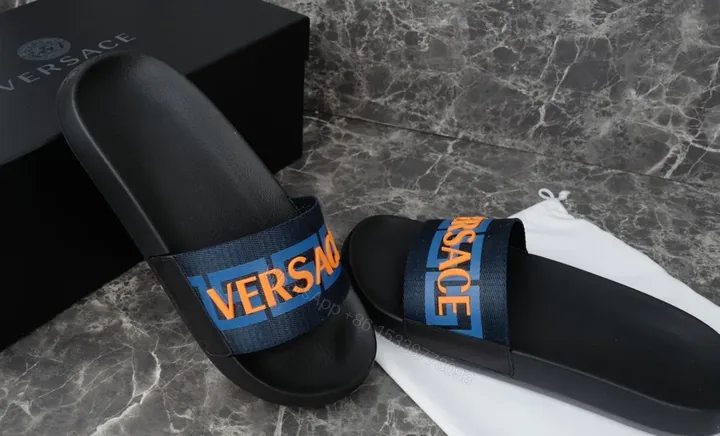 View 1 of Versace Logo Slide: Navy Strap, Ergonomic Comfort, Summer Ready