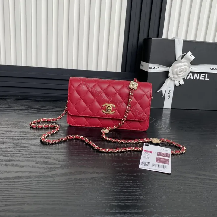 View 1 of Chanel-Style Quilted Flap Bag with Gold Chain (Red)