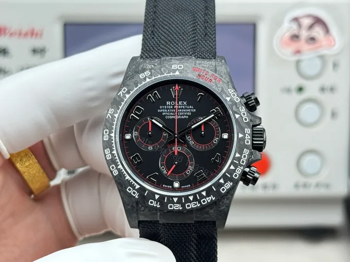 View 1 of Rolex Daytona Carbon Fiber Black Red Replica 40MM Premium Black Fabric Strap R74-BLACK-RED