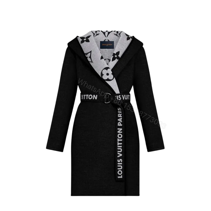 View 1 of Louis Vuitton Belted Double Sided Hooded Wrap Coat Black And Gray