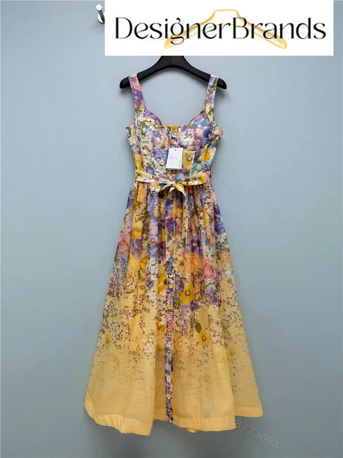 View 1 of Zimmermann Tama Printed Linen-Blend Belted Midi Dress