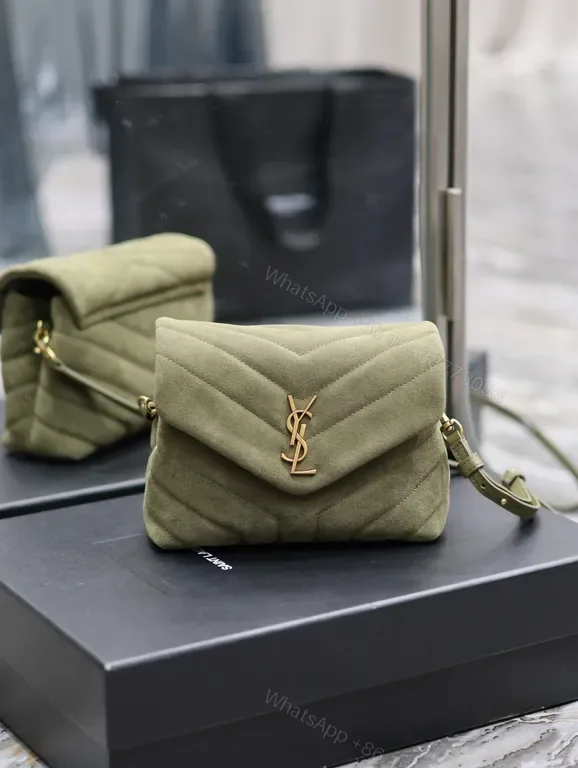 View 1 of Olive Suede Quilted Crossbody with Gold YSL Logo