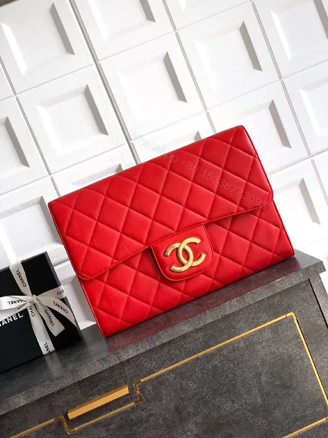 View 1 of Bold Red Quilted Leather Clutch, Gold Hardware, Envelope Style