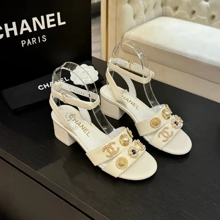 View 1 of Ivory Leather Block-Heel Sandals with Gold Embellishment