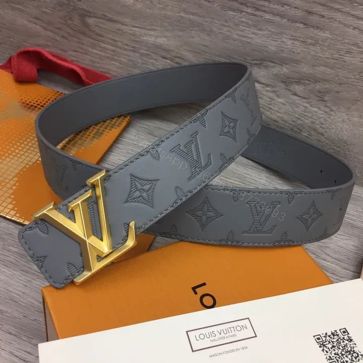 View 1 of Monogram Gray Leather Belt â€” Gold Buckle, All-Occasion Style