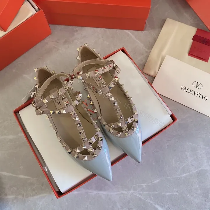 View 1 of Valentino Women Blue Patent Leather Studded Flats