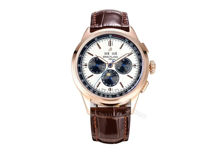 View 1 of ZF Factory Breitling Premier Series Rose Gold Blue and White Dial Brown Leather Strap Watch