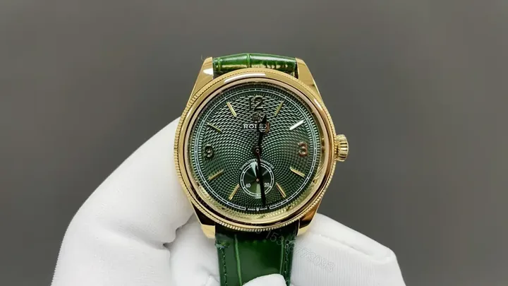 View 1 of Rolex Perpetual 1908 Green Guilloche Dial Leather Strap Edition 39mm 52508 RG-1908-GREEN-52508