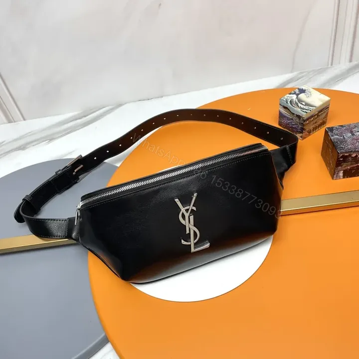 View 1 of Black Leather Belt Bag with YSL Logo - Luxe, Versatile, Compact