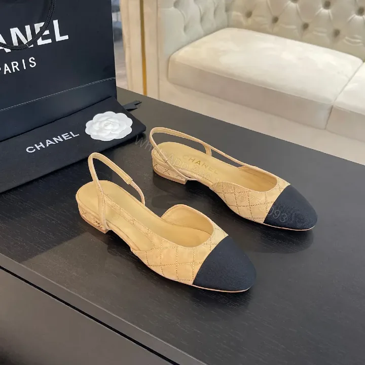 View 1 of Quilted Slingback Pumps: Tan & Navy Cap Toe, Heeled Comfort