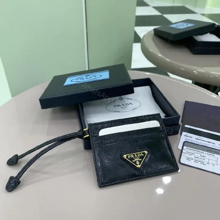 View 1 of Black Leather Compact Cardholder, Gold Logo, Minimalist, Central Bill Compartment, Cardholder