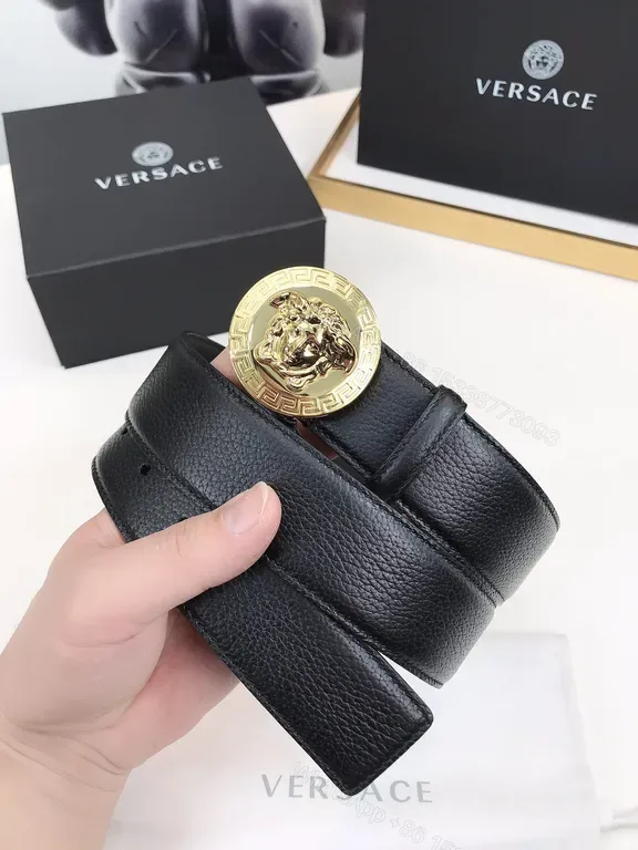 View 1 of Bold Versace-Style Leather Belt with Gold Medusa Buckle