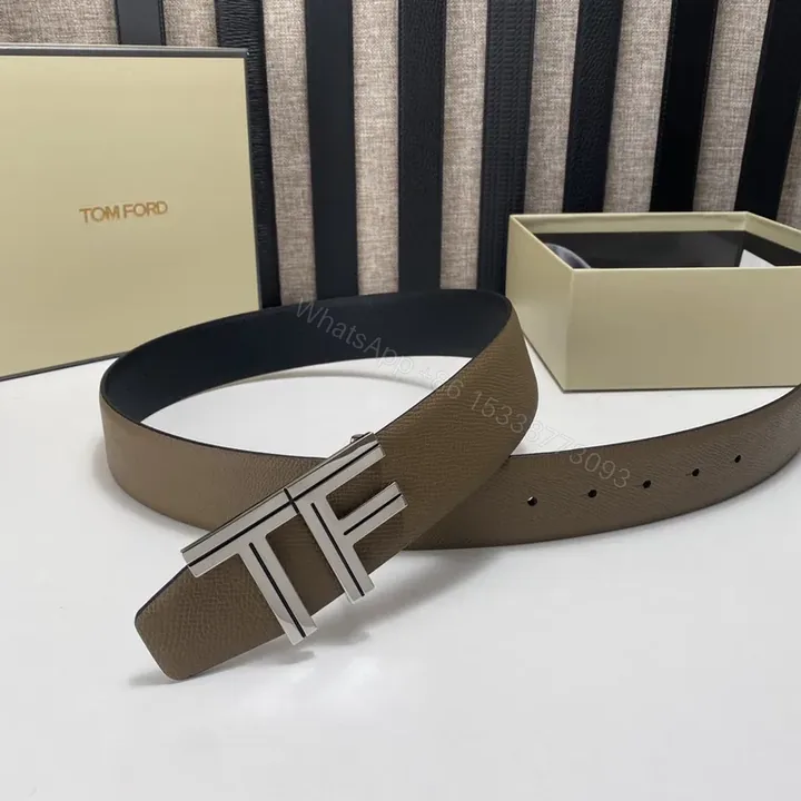 View 1 of Taupe Full-Grain Leather Belt with Signature TF Buckle