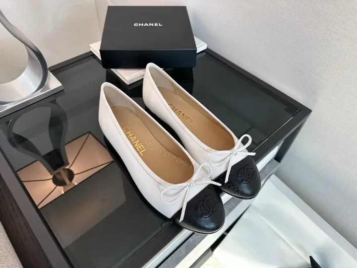 View 1 of Two-Tone Ballet Flats with Black Cap Toe, Leather, Elegant Comfort