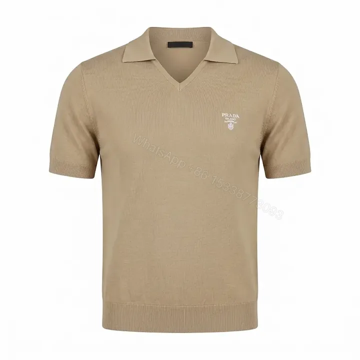 View 1 of Beige Knit Polo Shirt with V-Neck, Minimalist