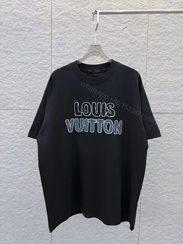 View 1 of Black Cotton Oversized Tee with LV Logo Embroidery