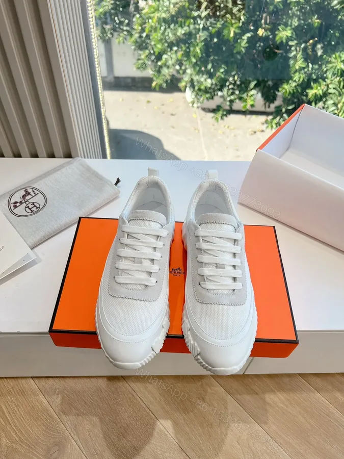 View 1 of Hermes Women White Mesh And Leather Sneakers