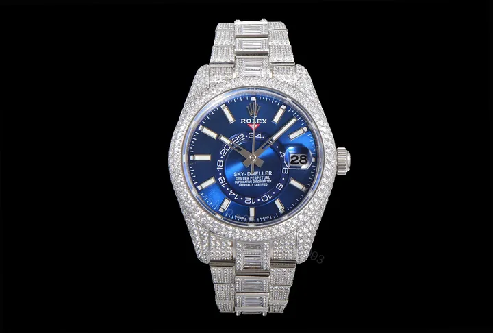 View 1 of Rolex Sky-Dweller Blue Diamond Replica 42MM Premium Full Pavé Steel Bracelet RG-ROLEX-SKYDWELLER-BLUE-DIAMOND-42
