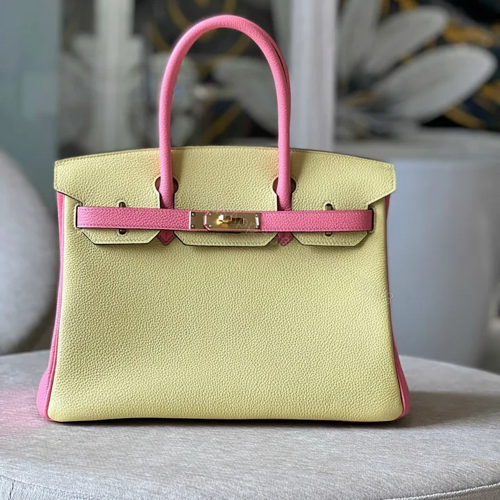 View 1 of Hermes Birkin 30 Yellow/Rose Pink Togo Leather Gold Hardware