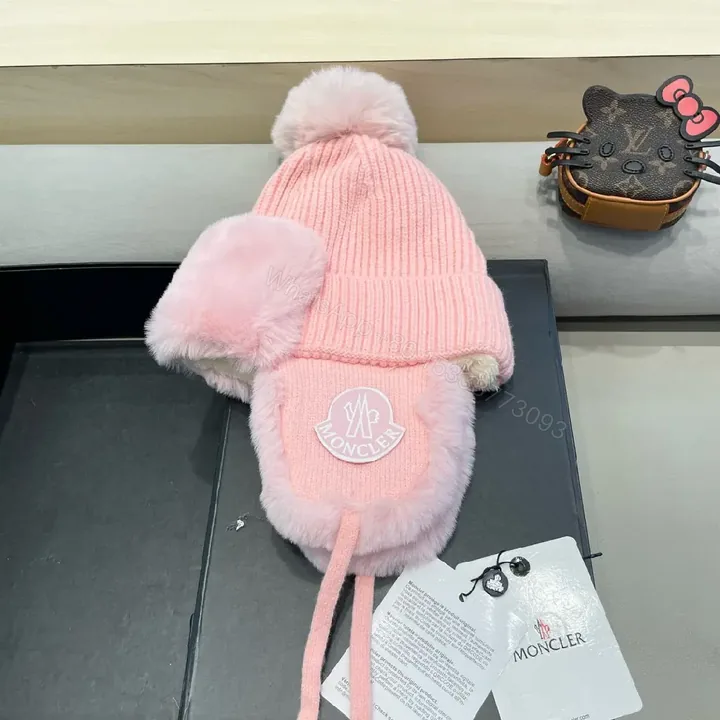 View 1 of Pink Knit Hat with Fuzzy Ear Flaps — Plush Warmth, Luxe Style