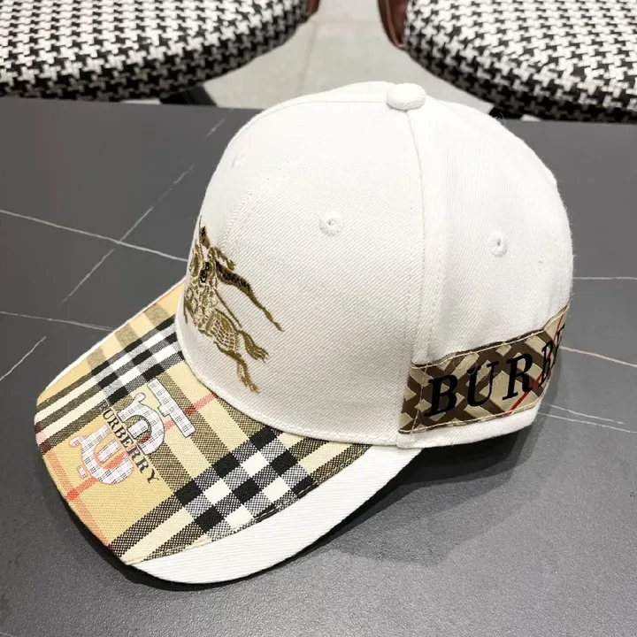 View 1 of White Plaid-Visor Sports Cap with Golden Motif Embroidery