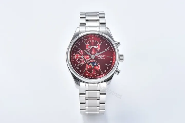 View 1 of Longines Master Collection Moonphase Chronograph Watch Red Dial Stainless Steel Bracelet 42mm Case