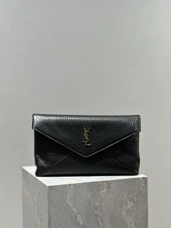 View 1 of Compact Black Leather Envelope Bag with Gold Logo