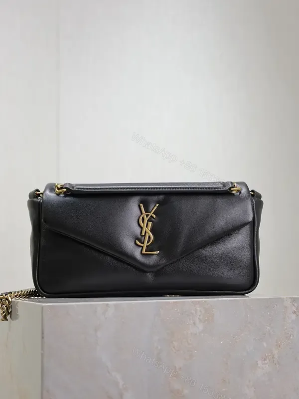 View 1 of Chic Black Leather Satchel with Gold Logo Hardware