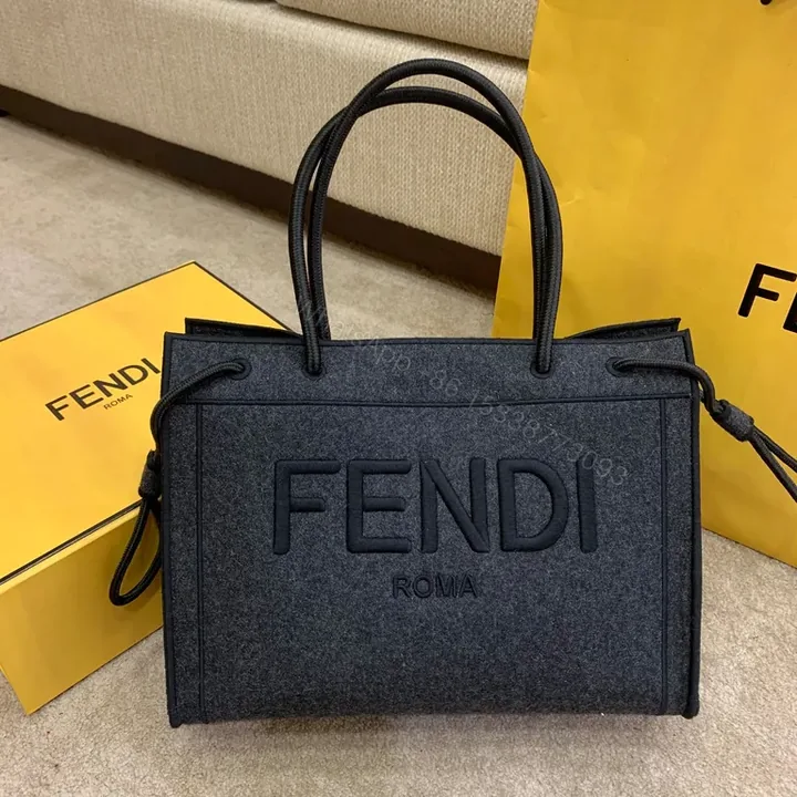 View 1 of Charcoal Wool Tote: Bold Fendi Logo, Structured Luxury Bag