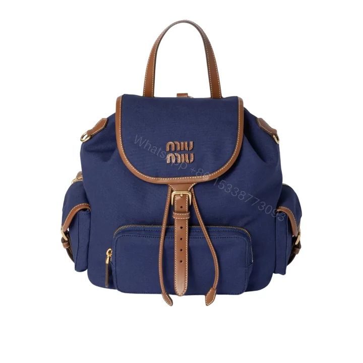 View 1 of MIUMIU CANVAS BACKPACK CORNFLOWER BLUE AND BRANDY 27CM 5BZ042 2IBQ F0TQF V OOO